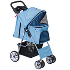4 Wheels Pet Stroller, Foldable Dog Cat Stroller for Small Medium Dogs Cats, Travel Carrier with Storage Basket and Cup Holder, Waterproof and Lightweight (Blue)