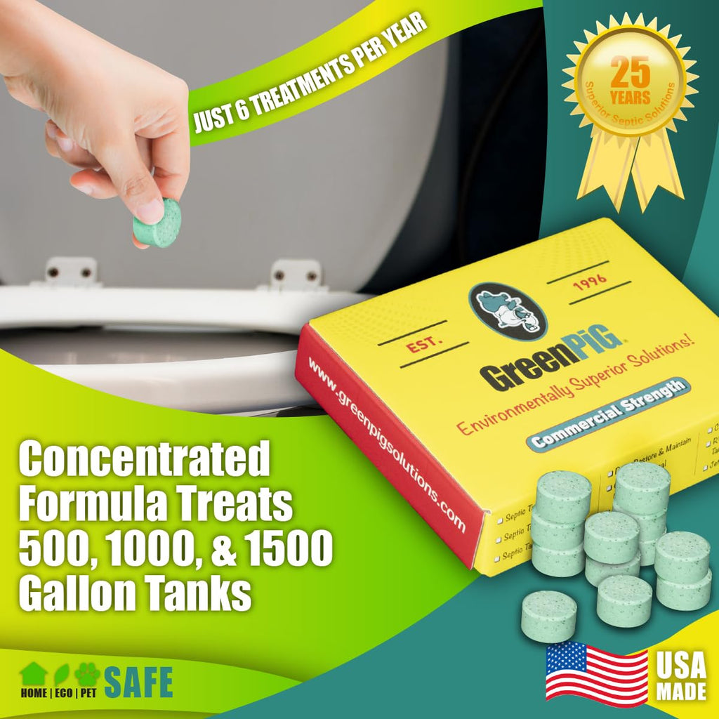 Green Pig Septic Tank Treatment Pucks – Enzyme & Bacteria-Based Treatment for Preventative Septic Maintenance, Helps Reduce Odors & Buildup, 2-Year Supply (12 Pucks)