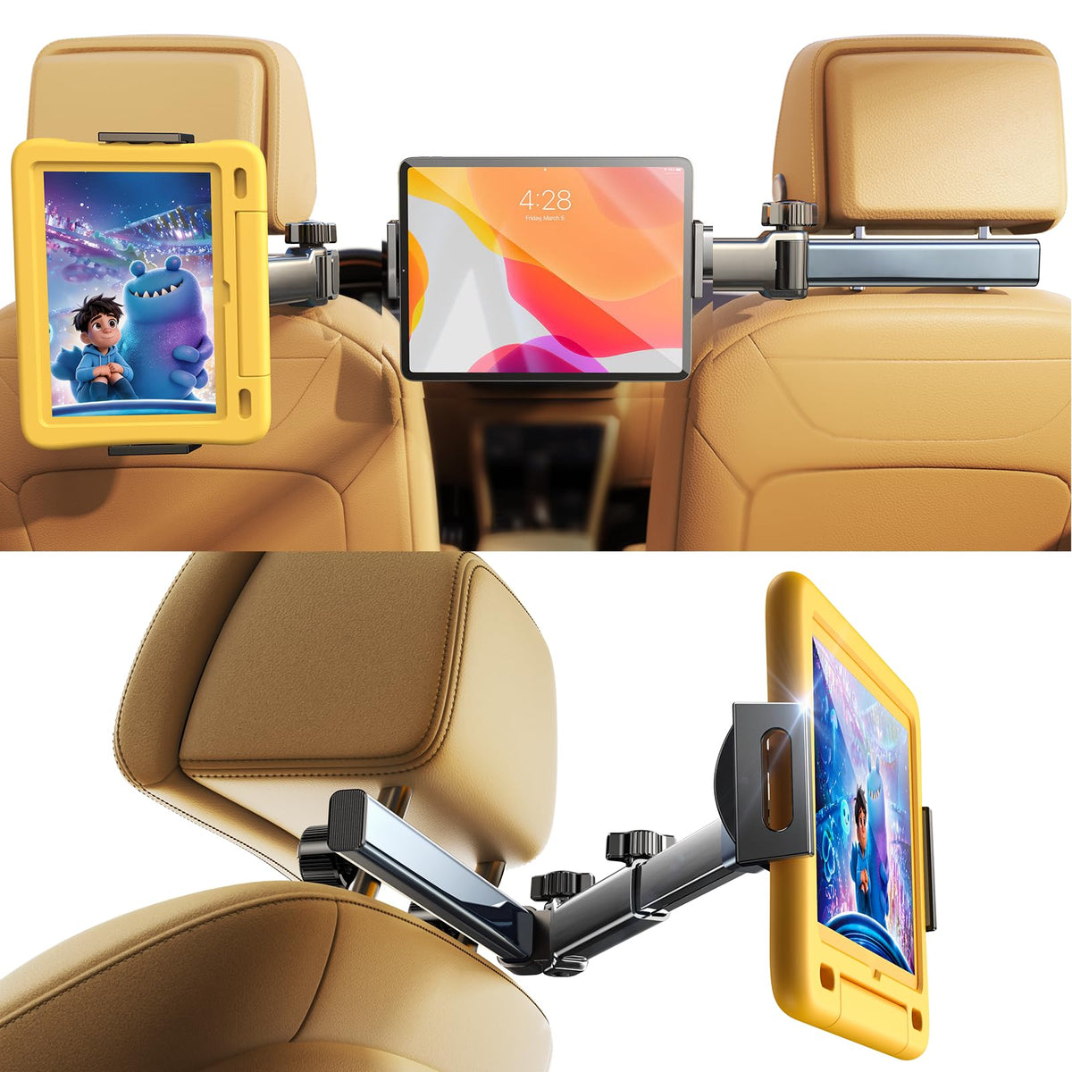 LISEN iPad Holder for Car Tablet Mount, 4 in 1 Adjust Arm Back Seat Stand