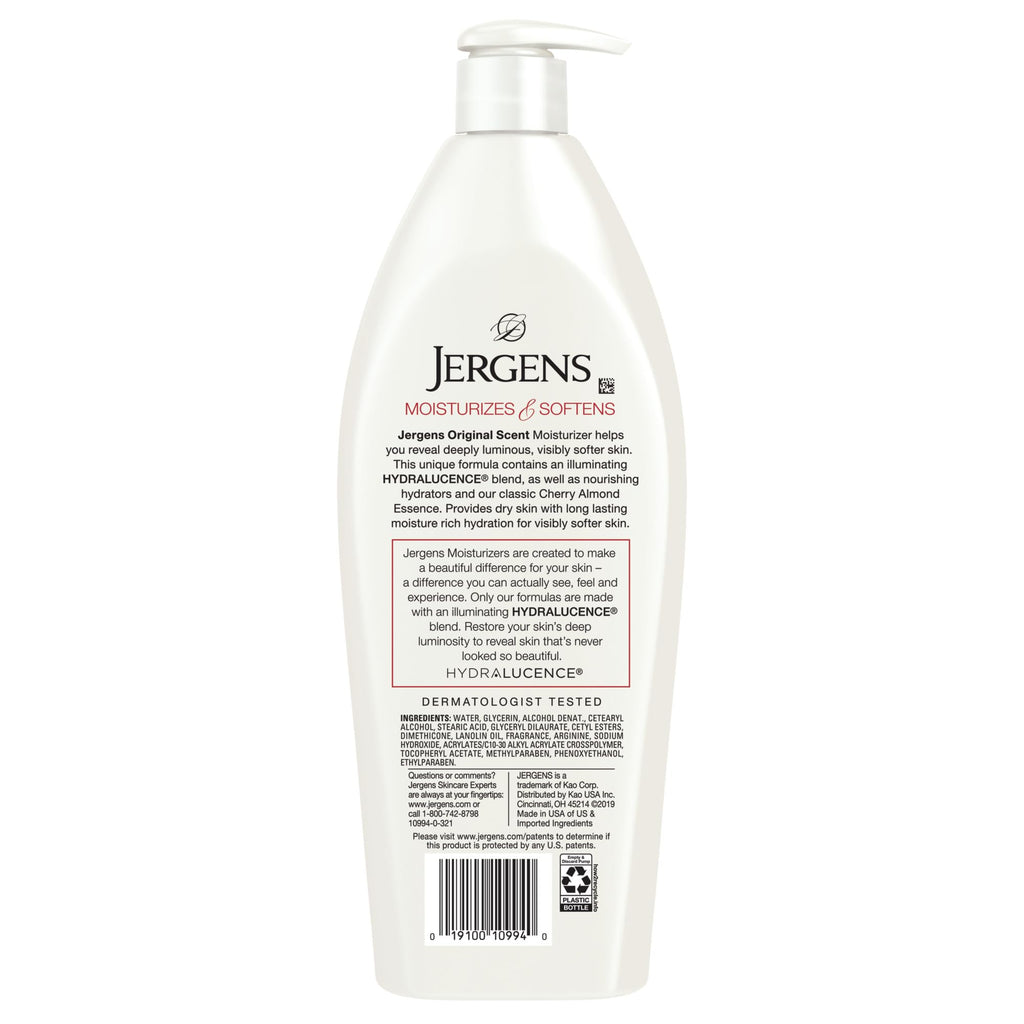 Jergens Original Scent Dry Skin Body Lotion, Hand and Body Moisturizer, Cherry Almond Essence, Dermatologist Tested, 21 Oz, Pack of 3