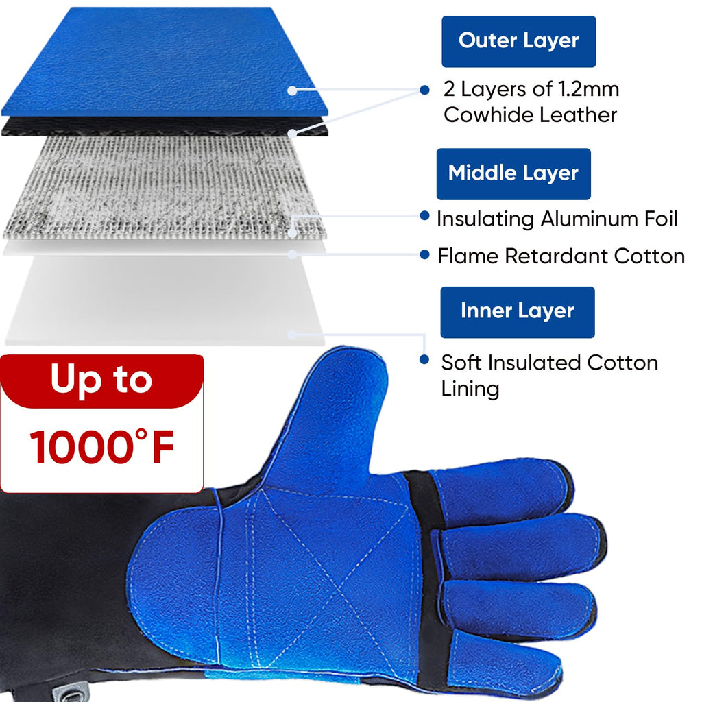 TICONN 16 Inch Welding Gloves, 1000°F Heat-Resistant Fireproof Leather Gloves for Welders, Stick, Forge, Mig, Tig, BBQ, Baking, Oven (Black/Blue, XL)