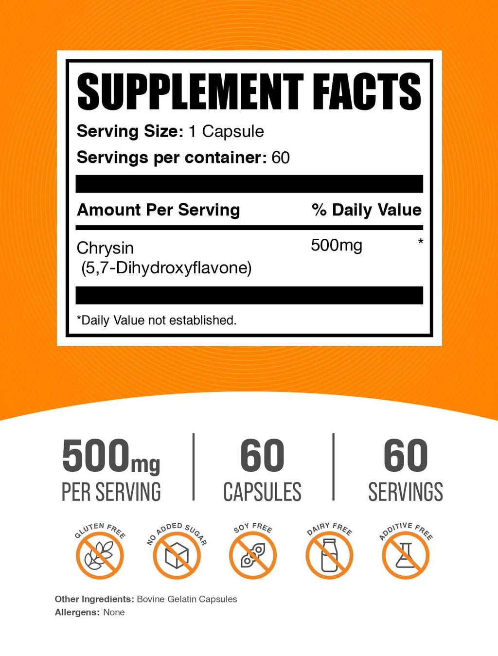 BulkSupplements.com Chrysin Capsules - 5,7-Dihydroxyflavone, Chrysin Supplement - Gluten Free, 1 Capsule per Serving (500mg), 60 Capsules (Pack of 1)