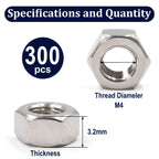 ZQZ M4-0.7 Hex Nuts,300PCS Stainless Steel Hardware Nut 304 ss Threaded Nut