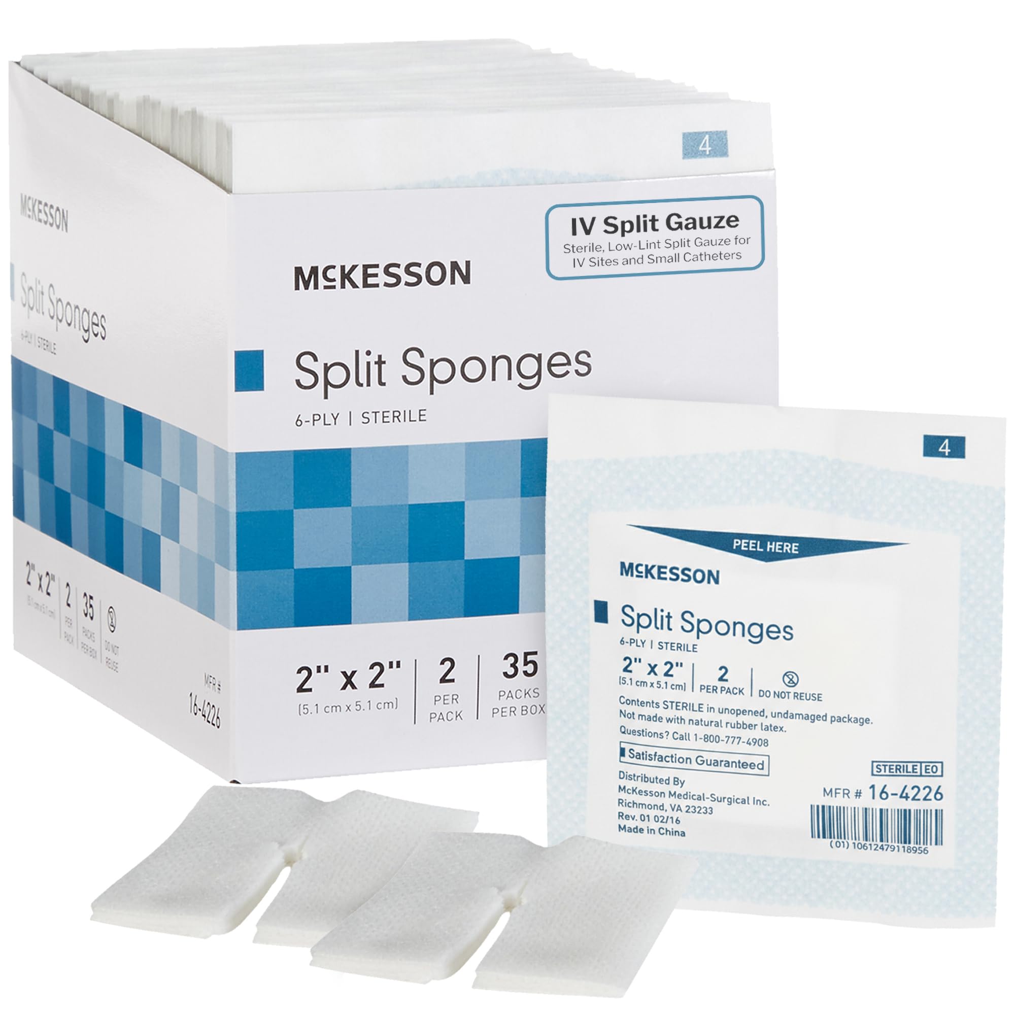 McKesson Split Sponges, Sterile, 6-Ply, 2 x 2 in, 70 ct