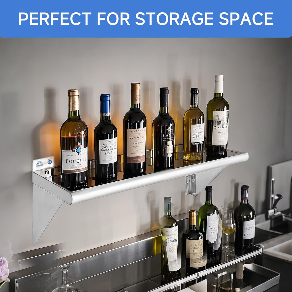 ROCKPOINT Stainless Steel Shelf 10 x 16 Inches 190lb, 2 Pack NSF Metal Commercial Shelves Wall Mount Floating Shelving with Backsplash for Restaurant, Kitchen, Home and Hotel, Silver