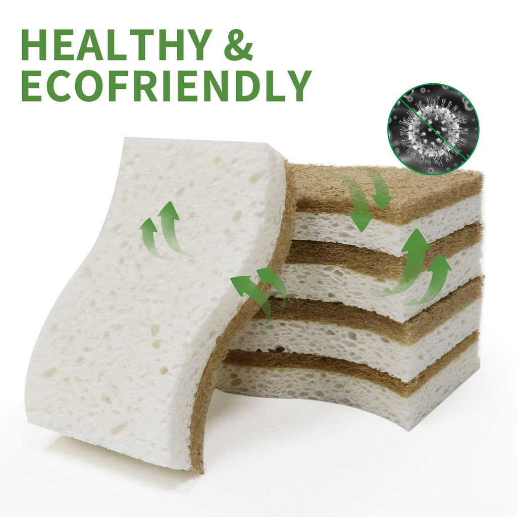 KICKLEEN 16 Pack Biodegradable Natural Kitchen Sponge - Compostable Cellulose and Coconut Walnut Scrubber Sponge - Eco Friendly Sustainable Sponges for Dishes