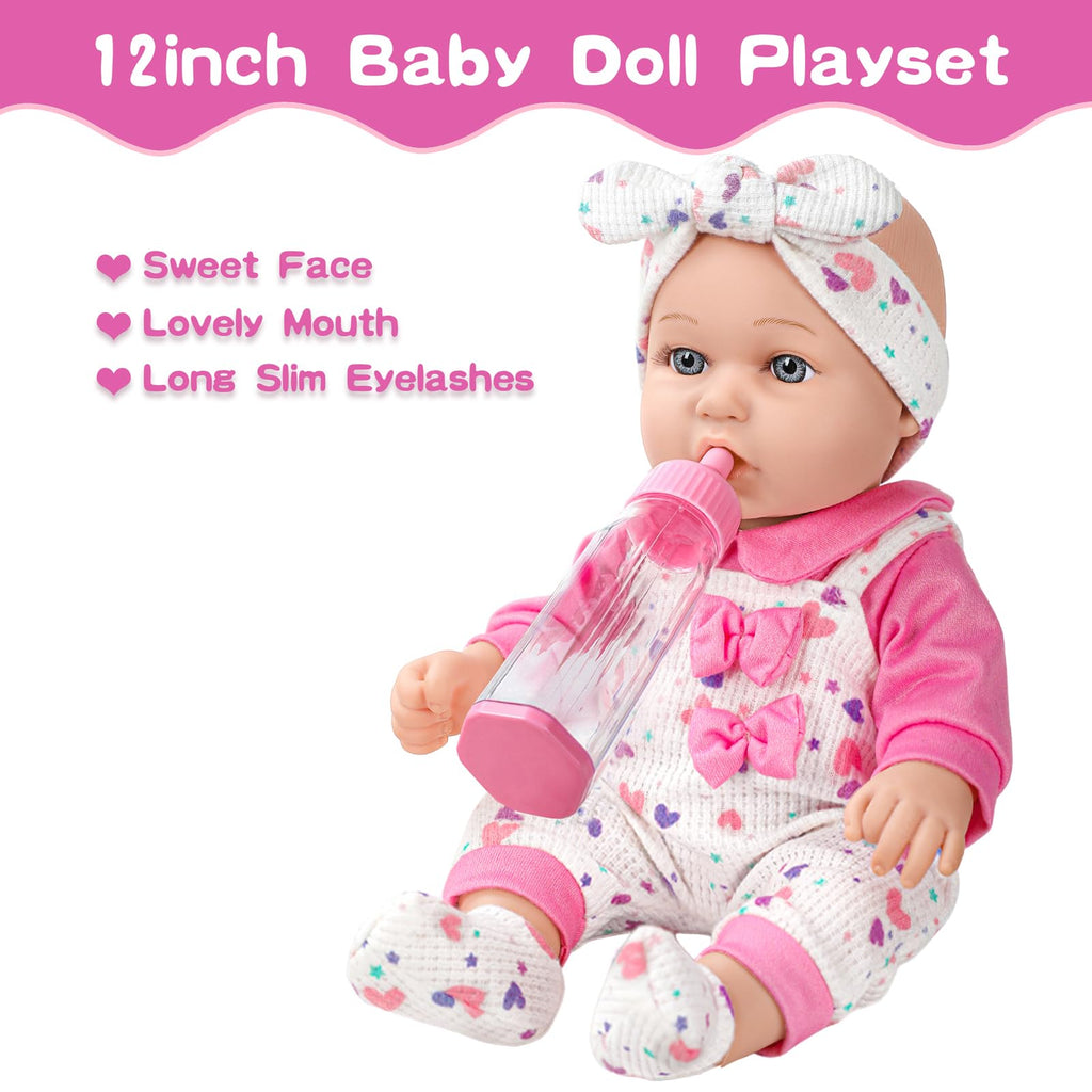 XFEYUE 12" Baby Doll with Pink Bowknot Clothing Set,12 Inch Realistic Baby Dolls with Clothes and Accessories,Pacifier Bottle Toy Pretend Play Collection for 3+ Child Girls Gifts