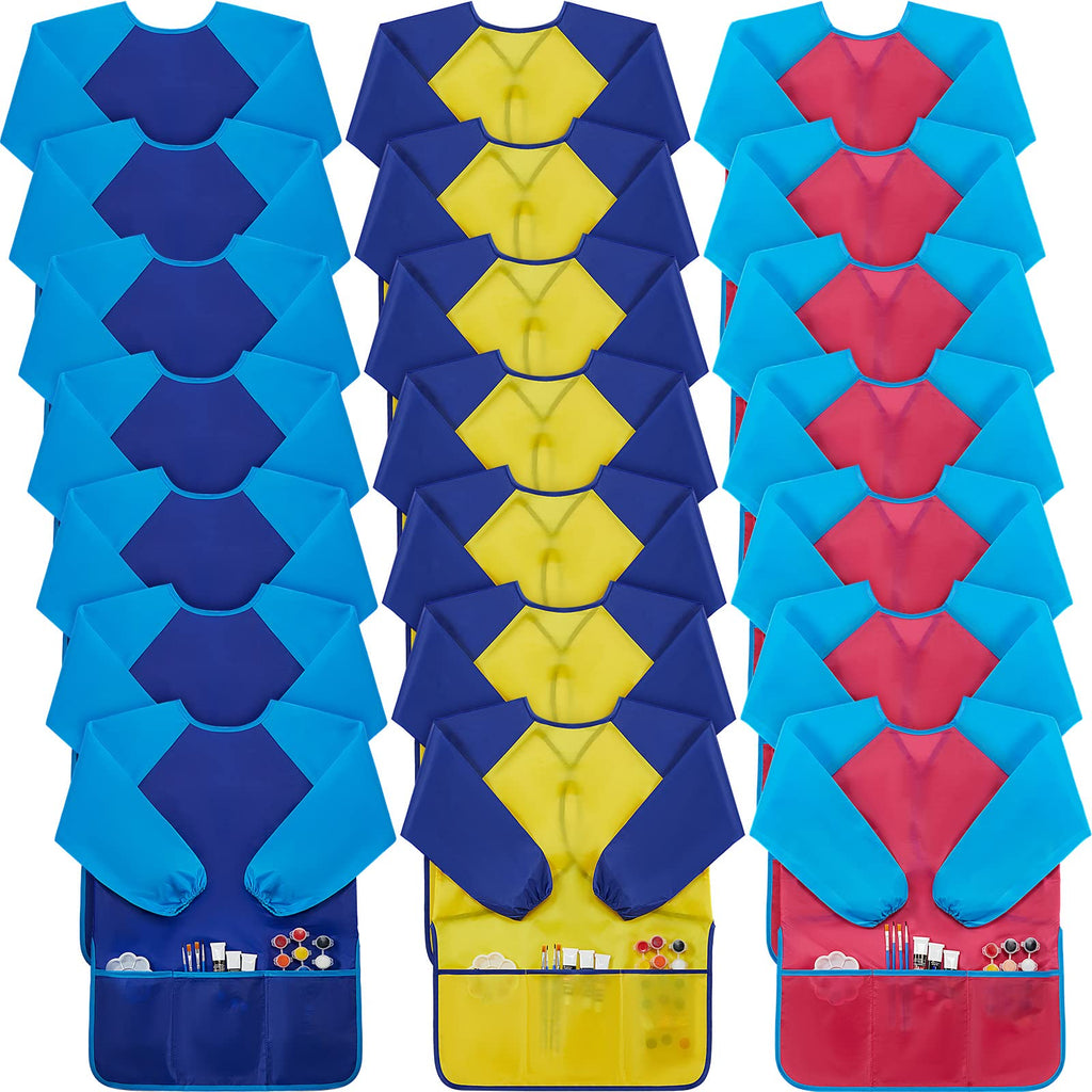 Yahenda 18 Pcs Kids Art Smocks Waterproof Painting Art Smocks for Kids with Long Sleeve 3 Pockets Toddler Apron for 2-8 Years (rose red,dark blue,yellow)