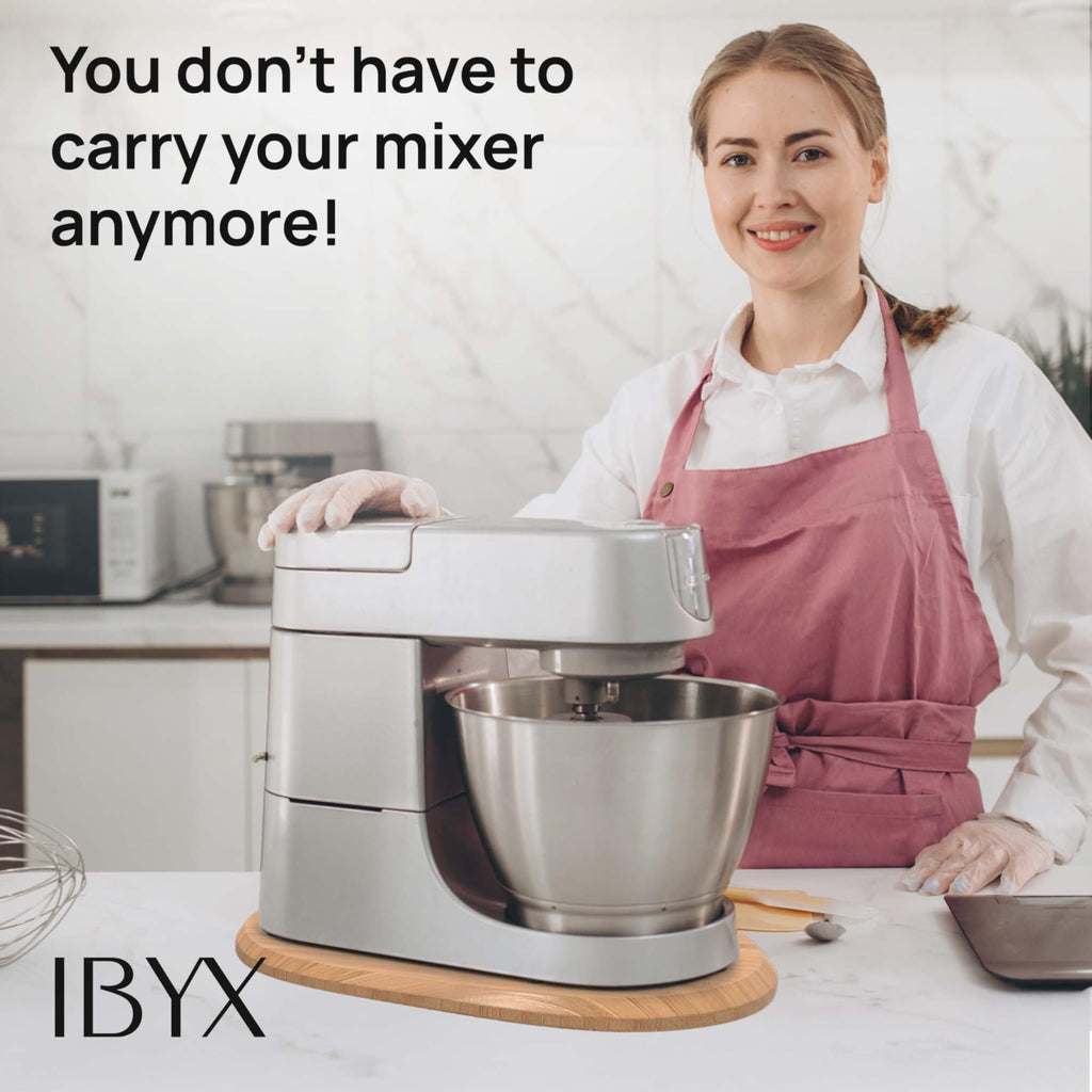 Ibyx Bamboo Round Sliding Tray for Kitchen Appliances - Countertop Appliance Slider with Rubber Wheels for Pressure Cooker, Air Fryer, Instant Pot - Worktop Rolling Tray (Natural, 23 x 37 x 2 cm)