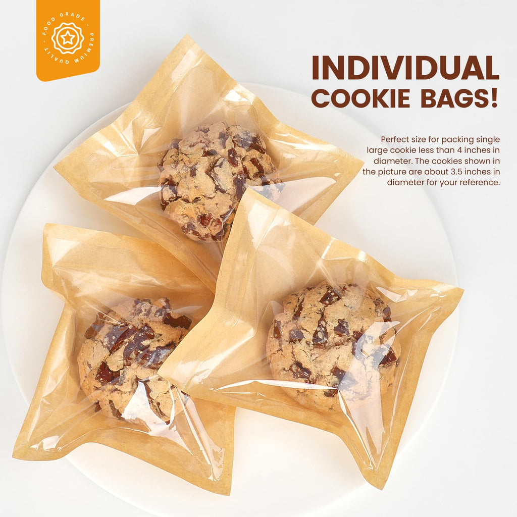 Foranda 100 Pack Cookie Packaging Bags with Seal, 5.7x6.5 Inch Heat Sealable Paper Cookie Sleeves, Grease Resistant To Go Bakery Bags with Window for Bake Sale Brownie, Treat, Donut, Cake Slice, Scone