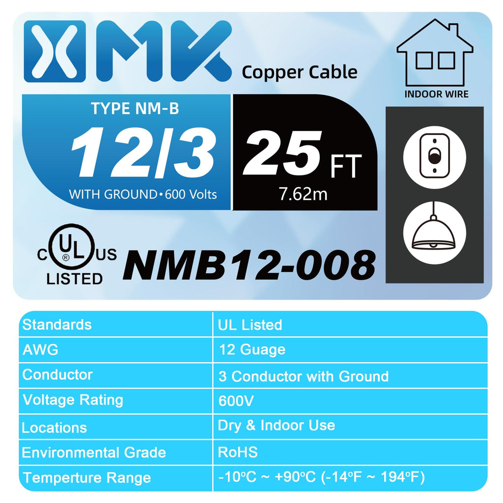 NM-B 12/3 Wire with Ground,25ft 12 Gauge 3 Conductor Electrical Wire,12 AWG Solid Copper Indoor W/G NMB Cable,12/3 Non-Metallic Sheathed Cable Residential Wiring for Outlets,Switches,Lighting