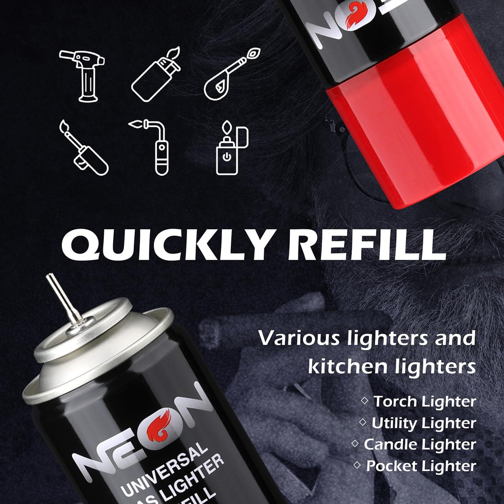 NEON Butane Fuel 300ml, 5X Premium Refined Butane Refill for Torch Lighter, 0 Impurities Lighter Fluid with Metal Nozzle & 5 Butane Gas Refill Adapters for Culinary, Welding, and DIY (4 Cans)