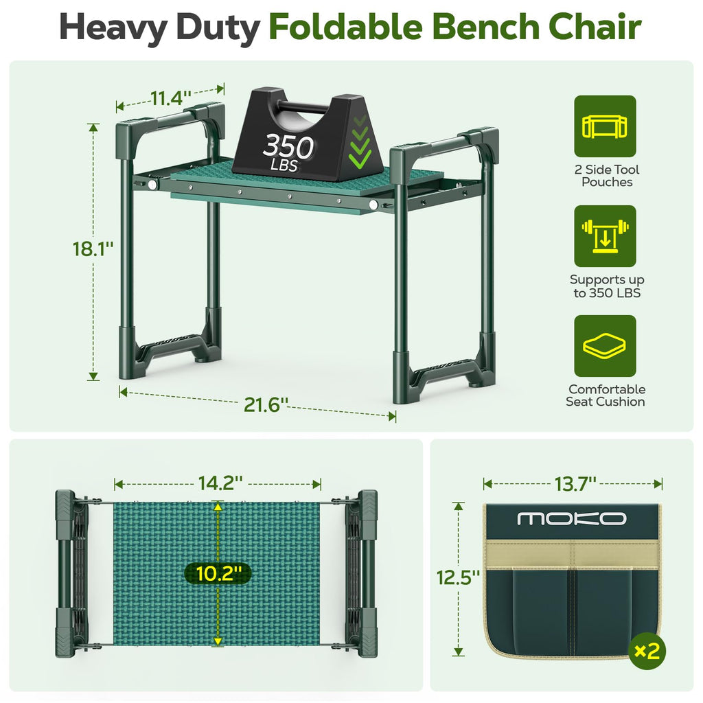 MoKo Garden Kneeler, 350 lb Foldable Garden Kneeler and Seat Tool Bag,Green
