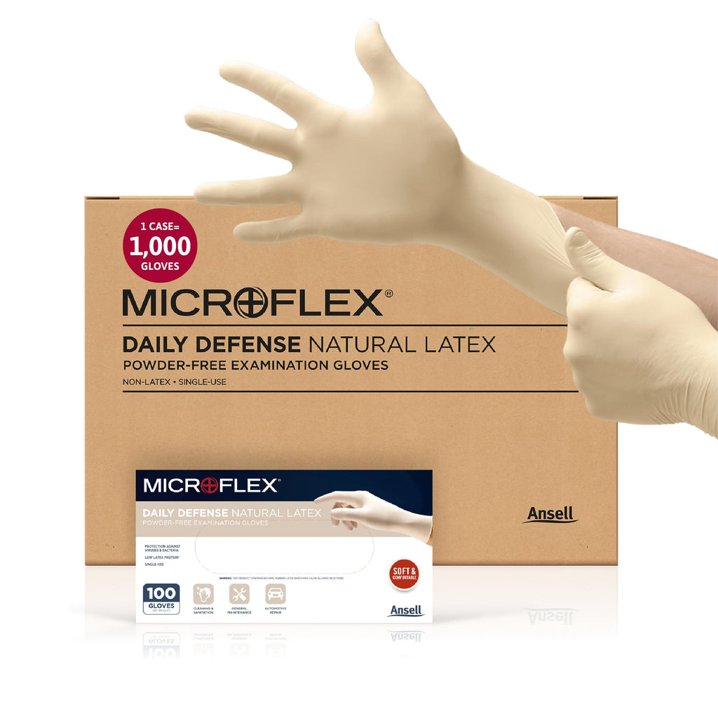 Ansell Microflex 10-754 Daily Defense Disposable Latex Gloves for Cleaning, Food Prep, First Aid - Large, Natural (Case of 1000)