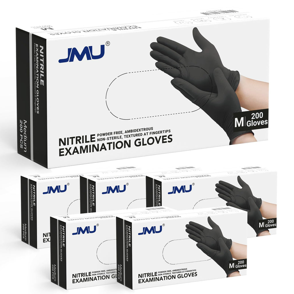 JMU Black Nitrile Gloves Medium Bulk, Case of 1200, 3.5Mil, Latex Free Powder Free