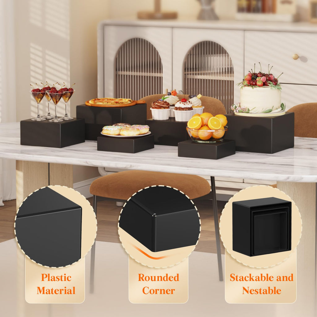 Lifewit 3 PCS Buffet Risers and Stands, Food Risers for Buffet Table, Up to 20 cm/8" Dessert Cake Holder for Party, Collectibles Jewelry Display Shelf, Nesting Cube Boxes, Black, (6",7",7.8")