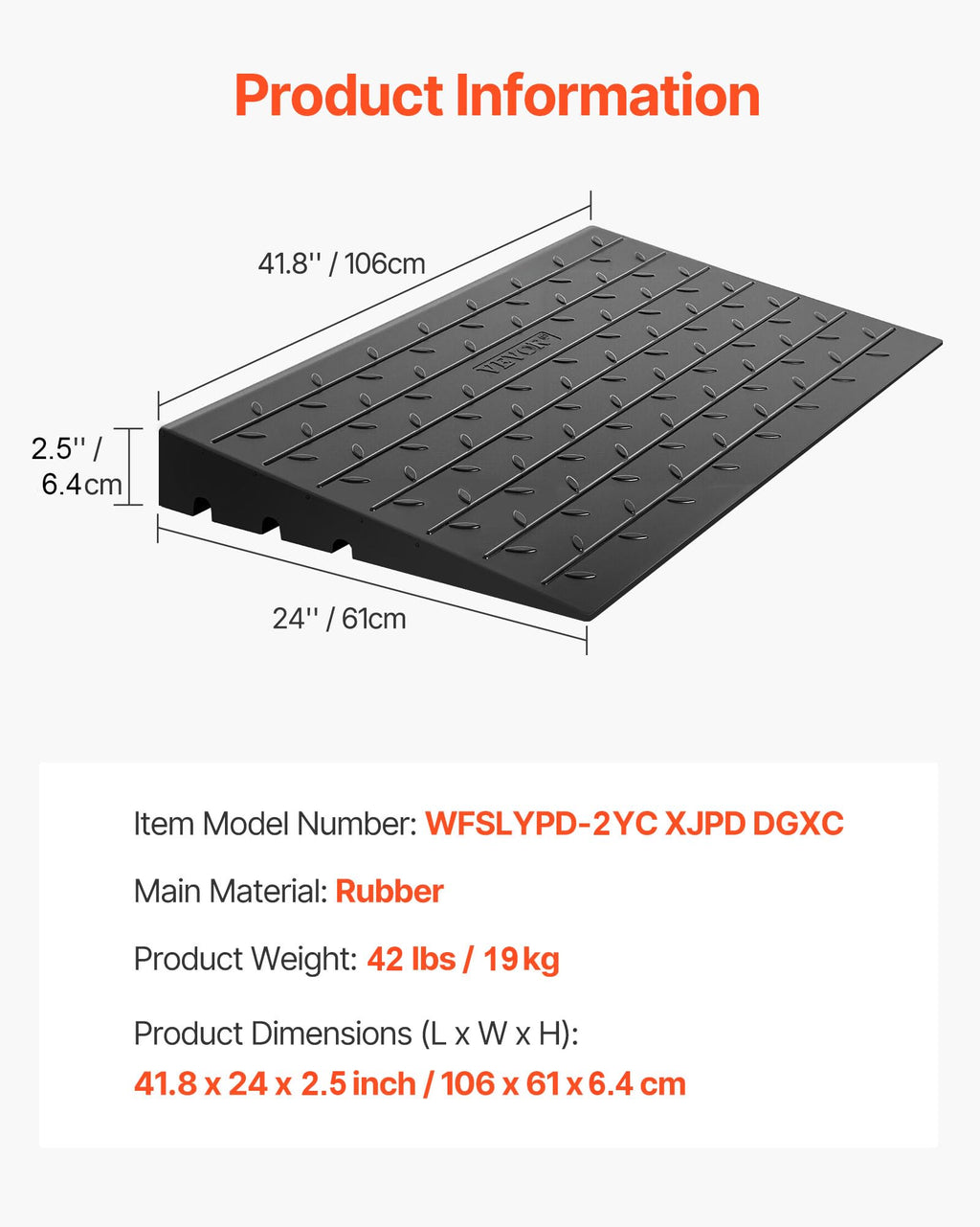 VEVOR 2.5" Rise Rubber Threshold Ramp, 3 Channels Cord Cover Door Ramp, No-Slip Surface, 2200 Lbs Load Capacity Rubber Ramp for for Home Doorways Driveways Curb Home Steps, 41.8" L x 24" W x 2.5" H