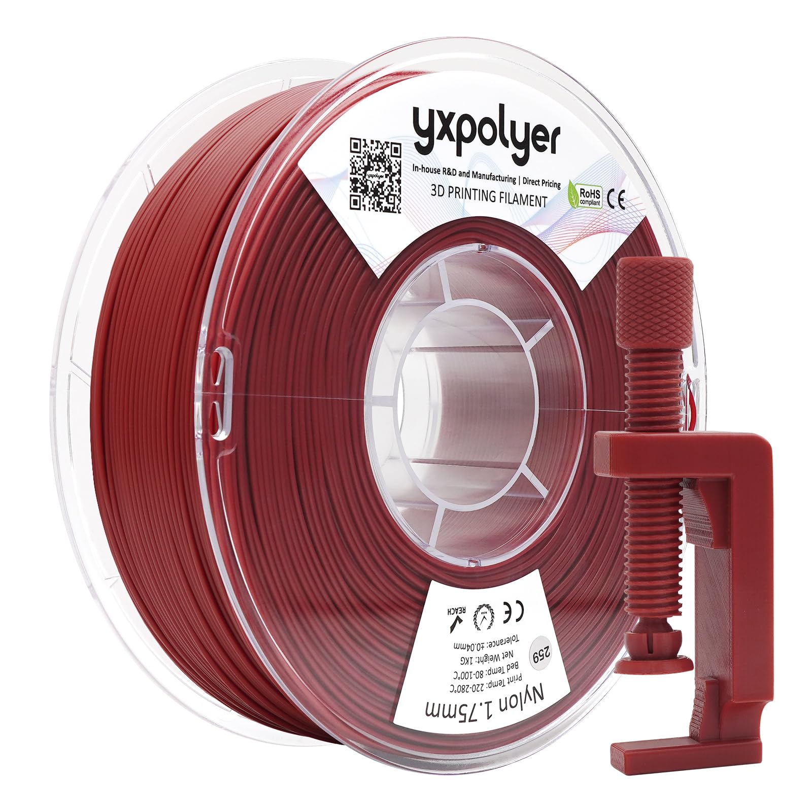 YXPOLYER Nylon Filament Red PA6 1kg 3D Printer Filament with Heat-Resistant AMS-Compatible Spool, 3D Printing Filament High-Speed Easy PA 1.75mm