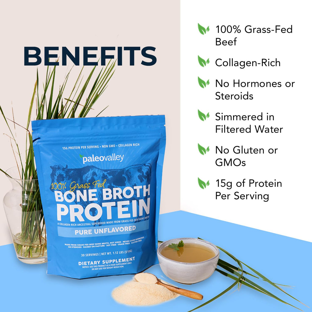 Paleovalley 100% Grass Fed Beef Bone Broth Protein Powder - Rich in Collagen Peptides for Hair, Skin, Gut Health, Bone and Joint Support - 15g Protein Per Serving - No Gluten or GMOs