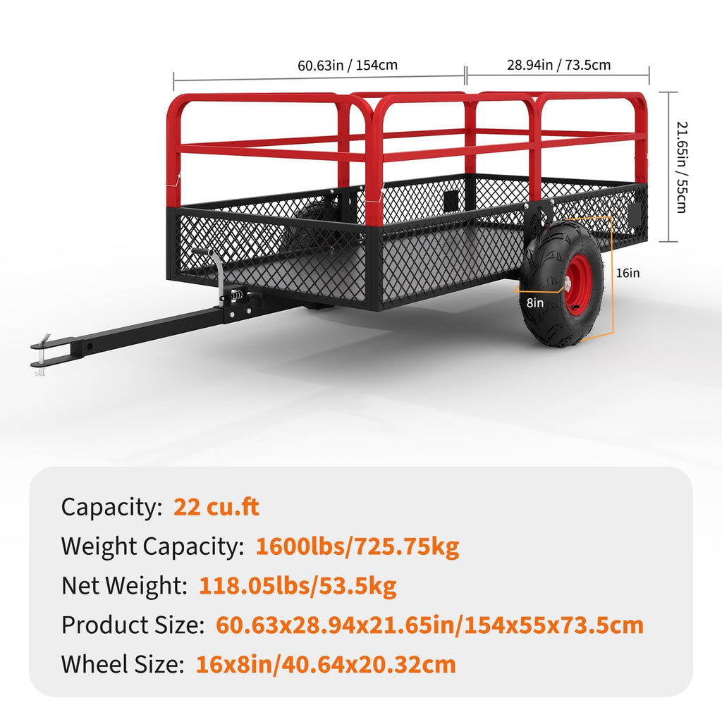 GarveeLife ATV UTV Tow Behind Dump Trailer 1600 lbs 22 Cubic Feet, Red