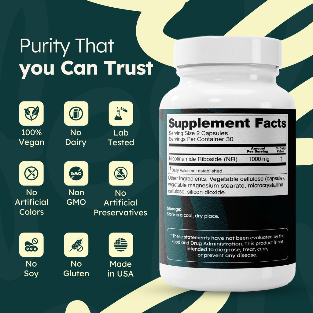 Feelaliv Nicotinamide Riboside (NR) Supplement 1000mg Per Serving | NAD+ Precursor | Cellular Energy & Cognitive Support | Single Ingredient | Clean Label | Vegan | 60 Capsules