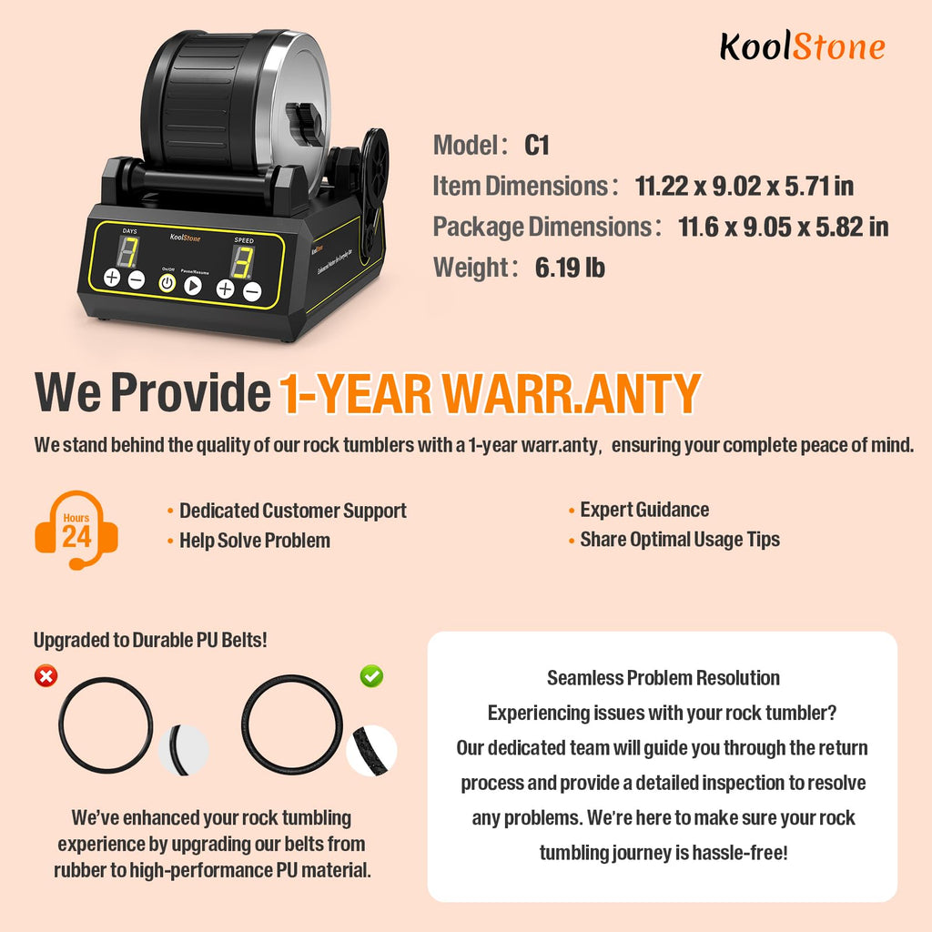 C1 Rock Tumbler Kit - Professional Large 2.5LB Capacity, Up to 5X More Noise Cancelling, Adjustable Timer & Speed with Full Accessories & Memory Function, Ideal for Adults Kids