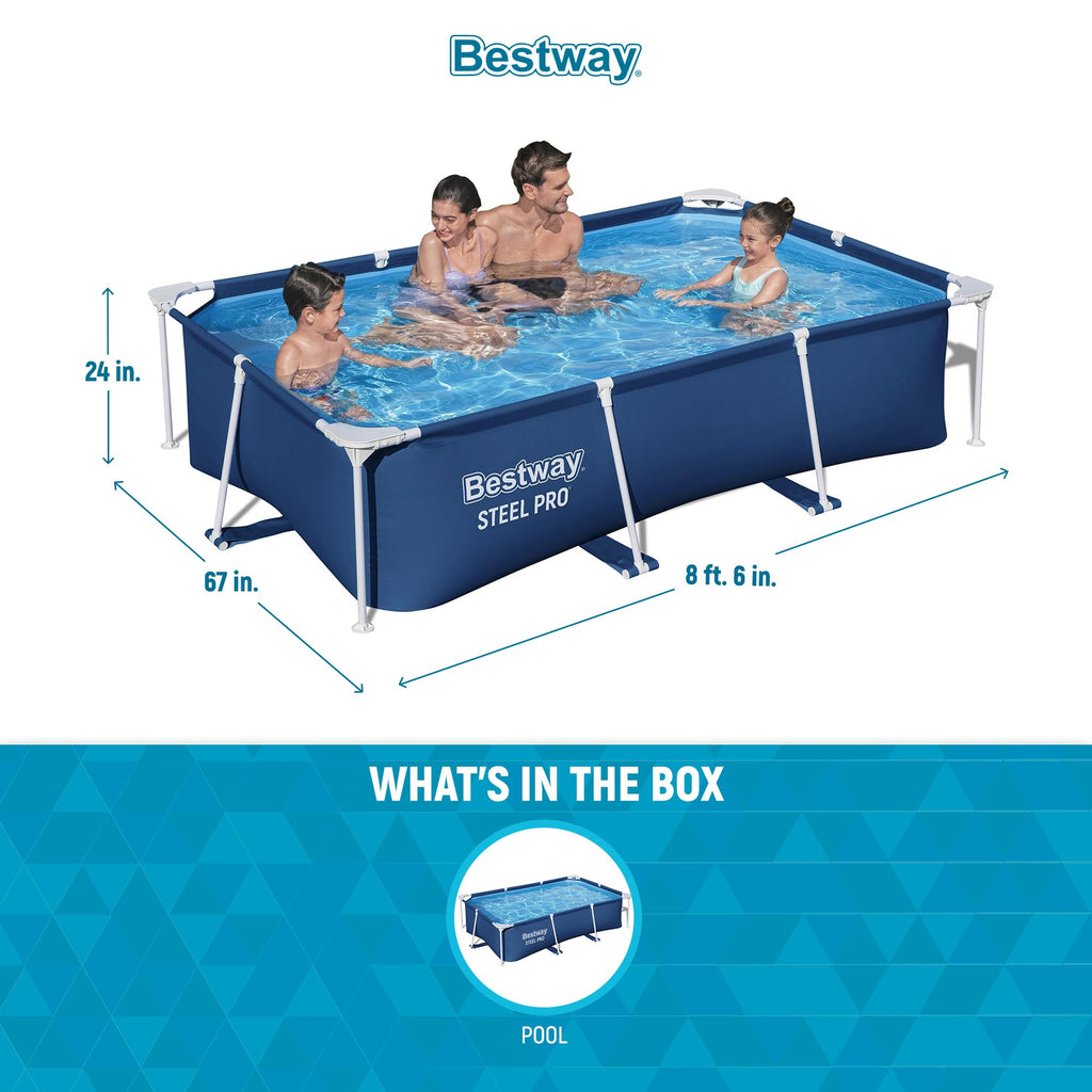 Bestway Steel Pro 8.5 Feet x 67 Inch x 24 Inch Rectangular Steel Frame Above Ground Outdoor Backyard Swimming Pool, Blue (Pool Only)