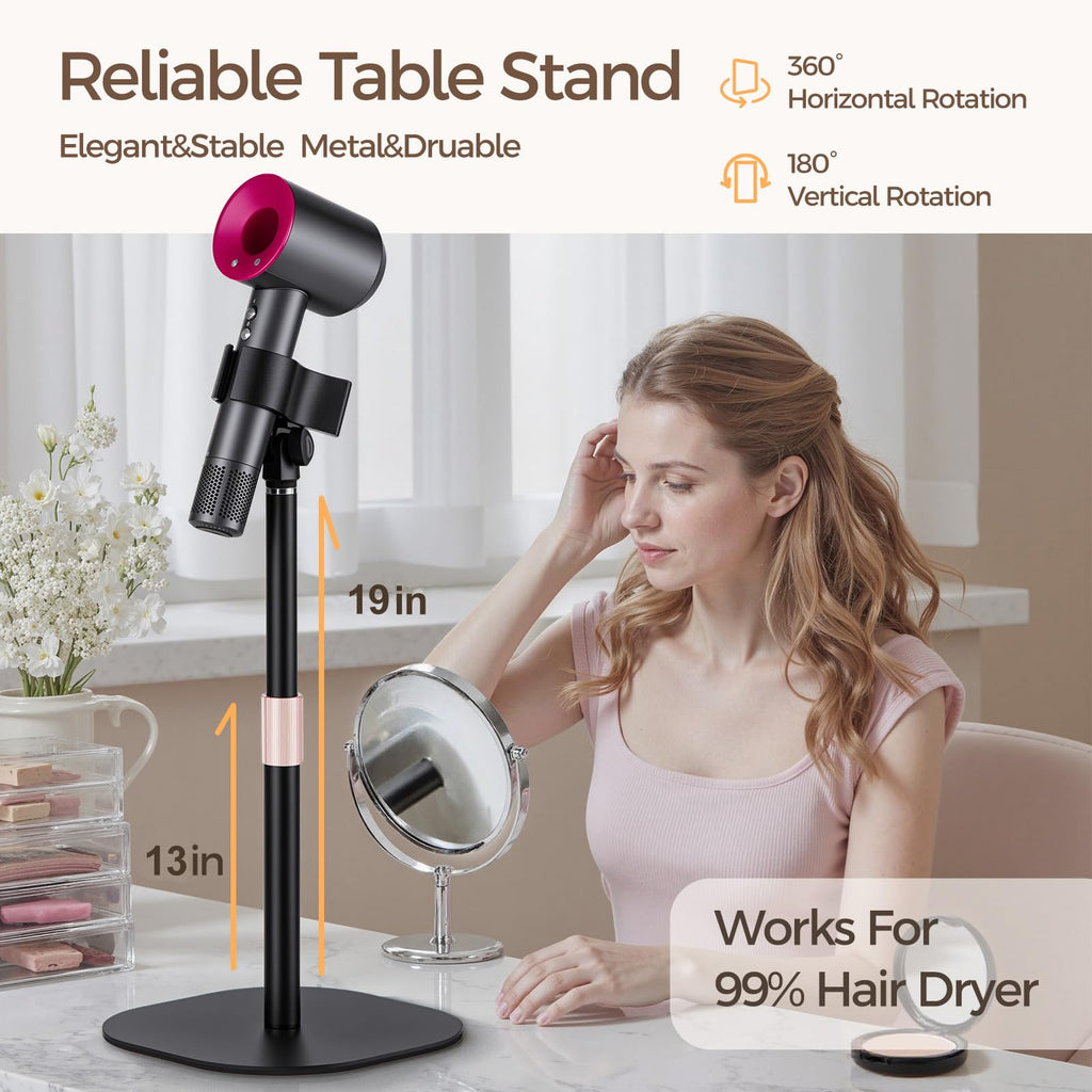 Hair Dryer Stand Holder, Hands Free Hair Dryer Stand with 360 Degree Rotating, Height Adjustable Countertop Blow Dryer Holder, Drubale Dryer Stand Works for 99% Blow Dryer