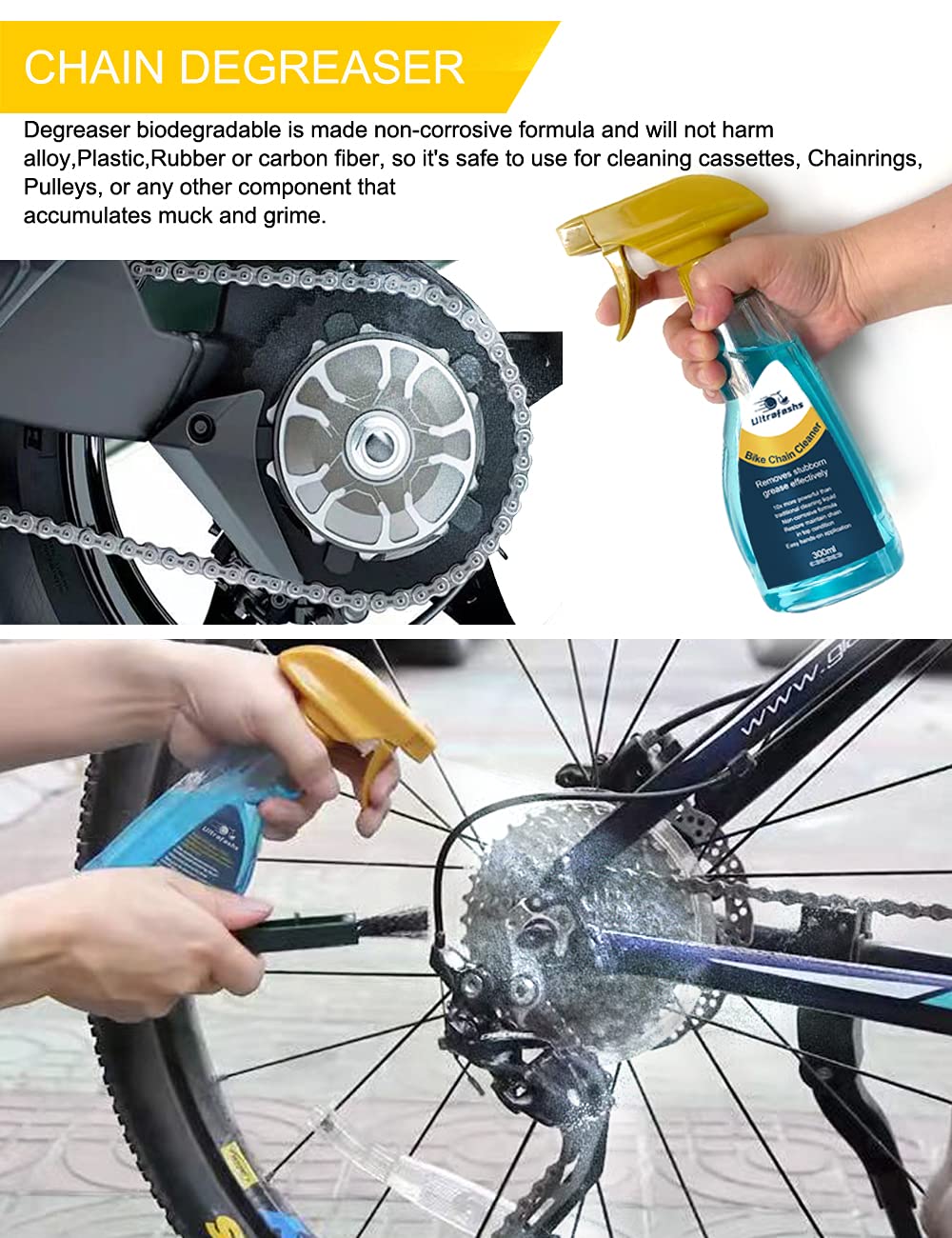 Ultrafashs Bike Cleaner kit,Perfect kit to Clean/Protect/Lube Bicycle,with Chain Scrubber,Cleaning Brush Tool,Wet Lubricant(2oz),Degreaser(10oz)