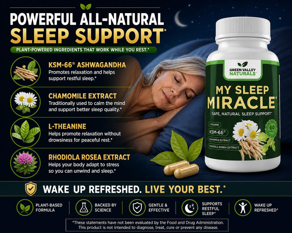GREEN VALLEY NATURALS My Sleep Miracle Vegan Sleep Support Supplement | Melatonin-Free Formula | Ashwagandha, Chamomile & L-Theanine | Promotes Calm, Relaxation & Restful Sleep | 60 Capsules