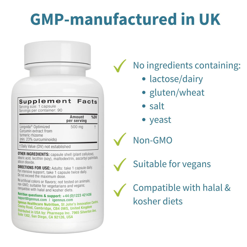 Igennus Longvida Lipidated Curcumin 500mg, Ultra Bioavailable & Sustained Action, 65x Higher Plasma Levels, Intensive Support, Free-Form Curcumin, Vegan, 90 Capsules