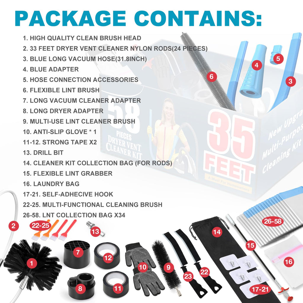 Sealegend 58-Pieces 35-Feet Dryer Vent Cleaner Kit, Dryer Cleaning Tools, Include Omnidirectional Blue Dryer Lint Vacuum Attachment, Dryer Vent Brush, Universal Vacuum & Dryer Adapters