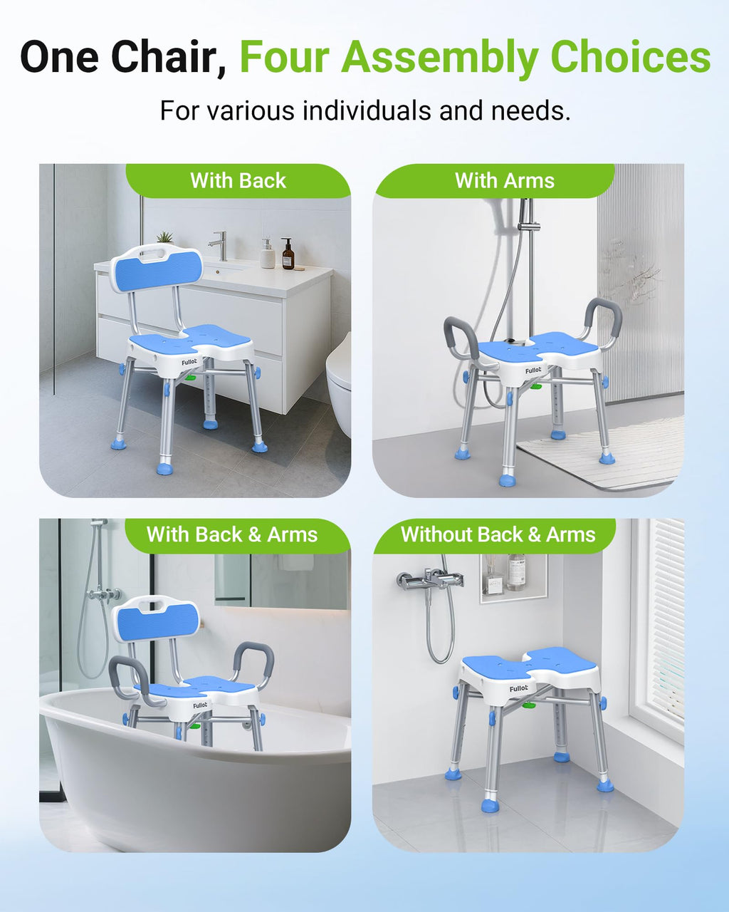 Ergonomic H-Shaped Shower Chair for Elderly and Disabled with Padded Back & Arms,500 lbs Heavy Duty Adjustable Shower Stool Seat for Easy Cleaning, Anti-Slip Bath Chairs for Bathtub