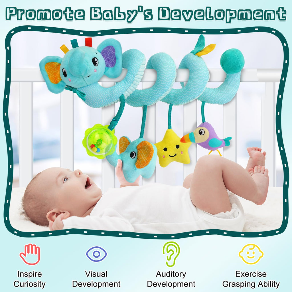 FPVERA Spiral Car Seat Activity Toy, Stroller Arch Baby Crib Hanging Toy with Rattle, Squeaky, Ringing Bell for Bassinet, Stroller, Crib for Infant Newborn Boy Girl Ages 0-12 Months