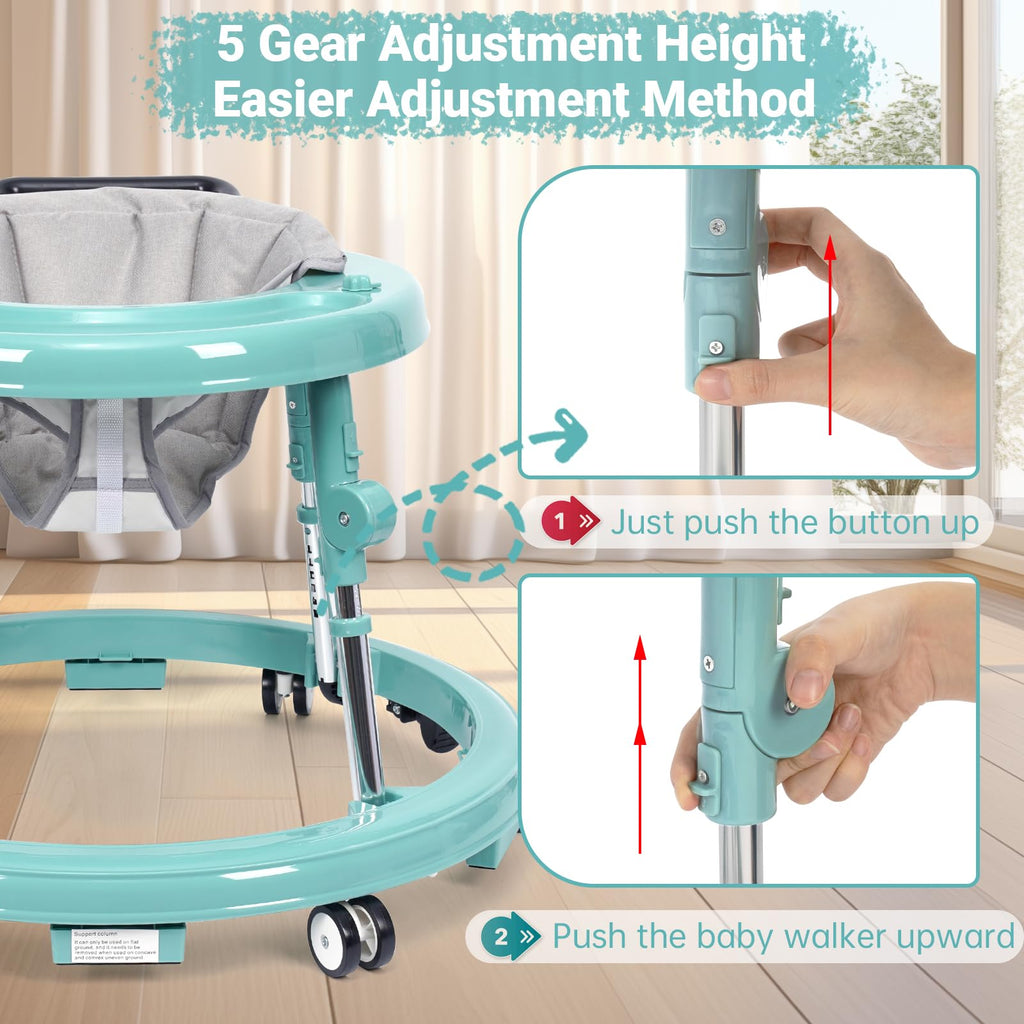 HolyBase Music and Lights Baby Walker Foldable with 9 Adjustable Heights, Baby Walker with Wheels Portable, Infant Toddler Walker for Baby Boy Girls 6-18 Months