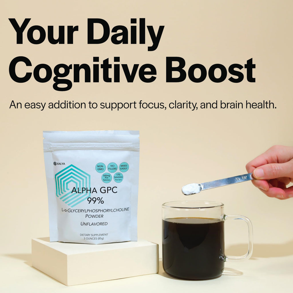 Xalya Alpha GPC Powder 99% Purity 500mg Extra Strength Brain Supplement for Focus & Mental Clarity Third Party Tested, Natural Choline, 170 Servings (3oz) Powder Form