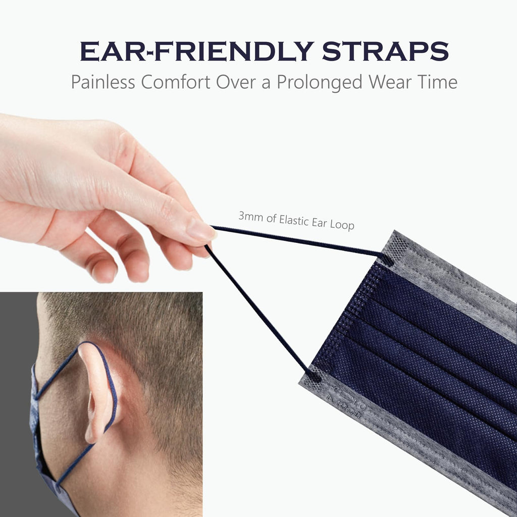 CSD Colo 50 Pcs Navy Blue Disposable Face Masks, 3 Ply Adult Mask with Elastic Ear Loop, Nose Bridge Clip, Breathable Comfortable Mask Great for Indoor, Outdoors Use (Denim Blue)
