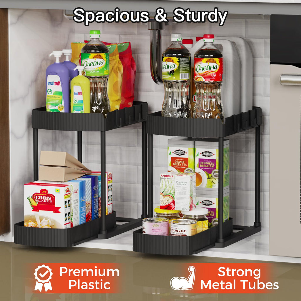 2 Packs Under Sink Pull-Out Storage Organizers, 12.8 Inches, Black