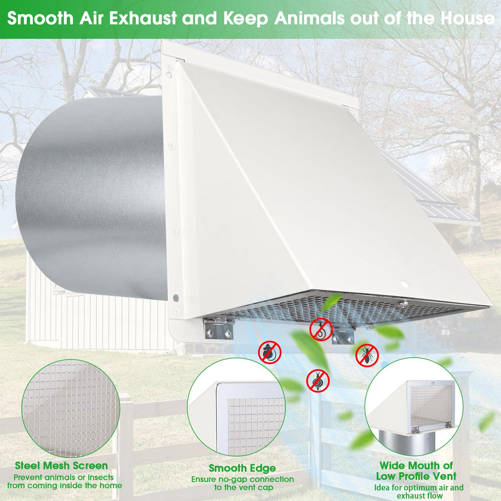 JYINCPED 10 Inch Hooded Wall Vent with Screen and Damper,Galvanized Steel Exterior Wall Exhaust Vent Cover Cap for Kitchen Range Hood Duct Ventilation Outside Air Exhaust Applications,White