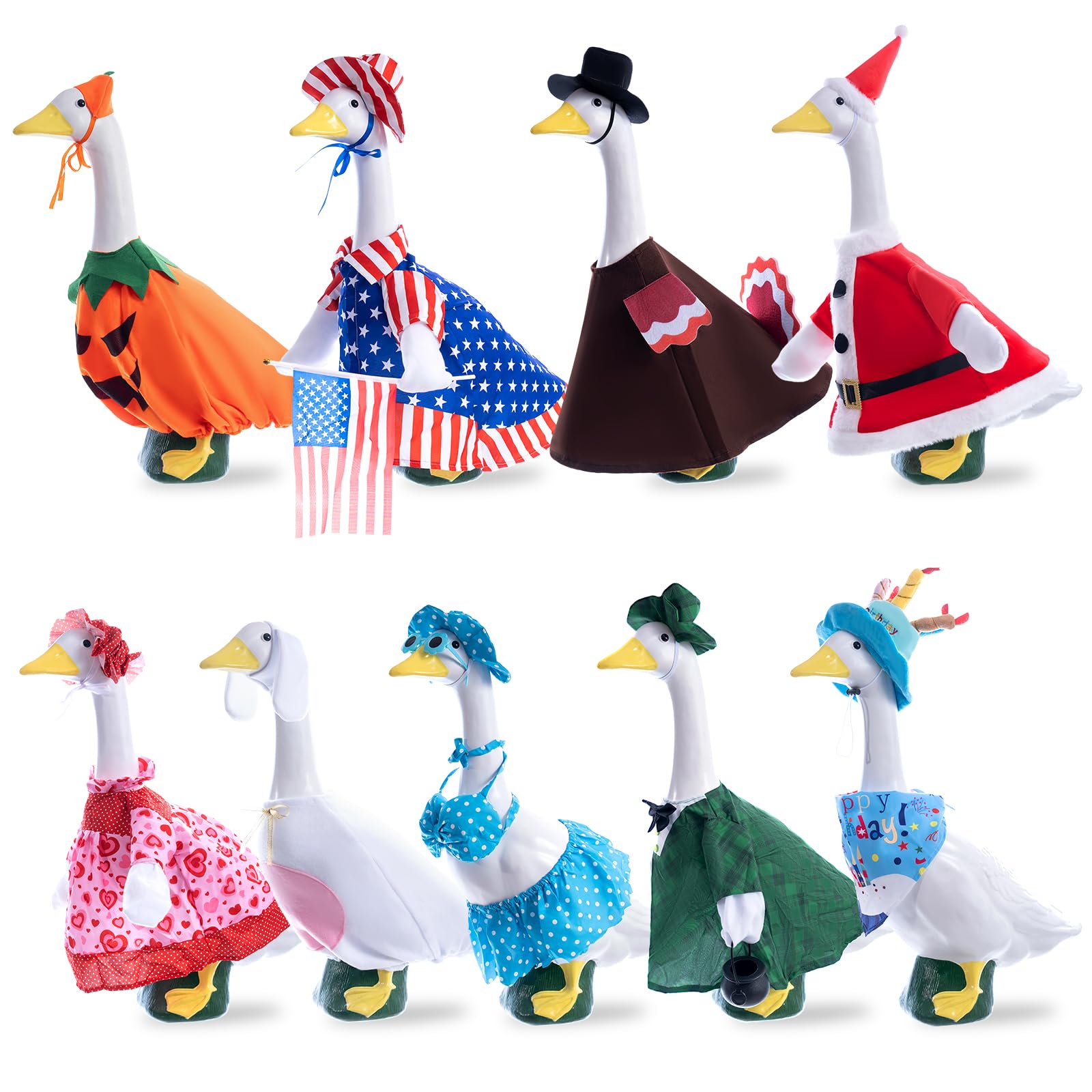 RIYYDEN 9 Set of Holiday Porch Goose Outfits All Seasons Holiday Christmas Birthday Easter Summer Hawaiian 4th of July Fall Lawn Goose Clothing Porch Clothes for Patio Yard Lawn Decor