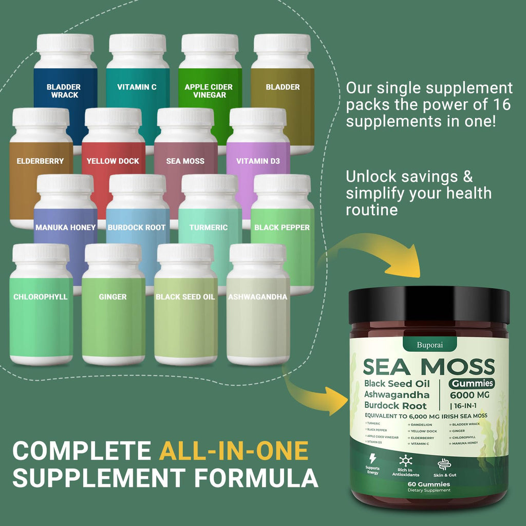 Buporai Sea Moss Gummies 16-1, Black Seed Oil Ashwagandha Turmeric Bladder Wrack Vitamin C Vitamin D3 Elderberry Manuka Dandelion Yellow Dock Apple Cider Vinegar for Men & Women