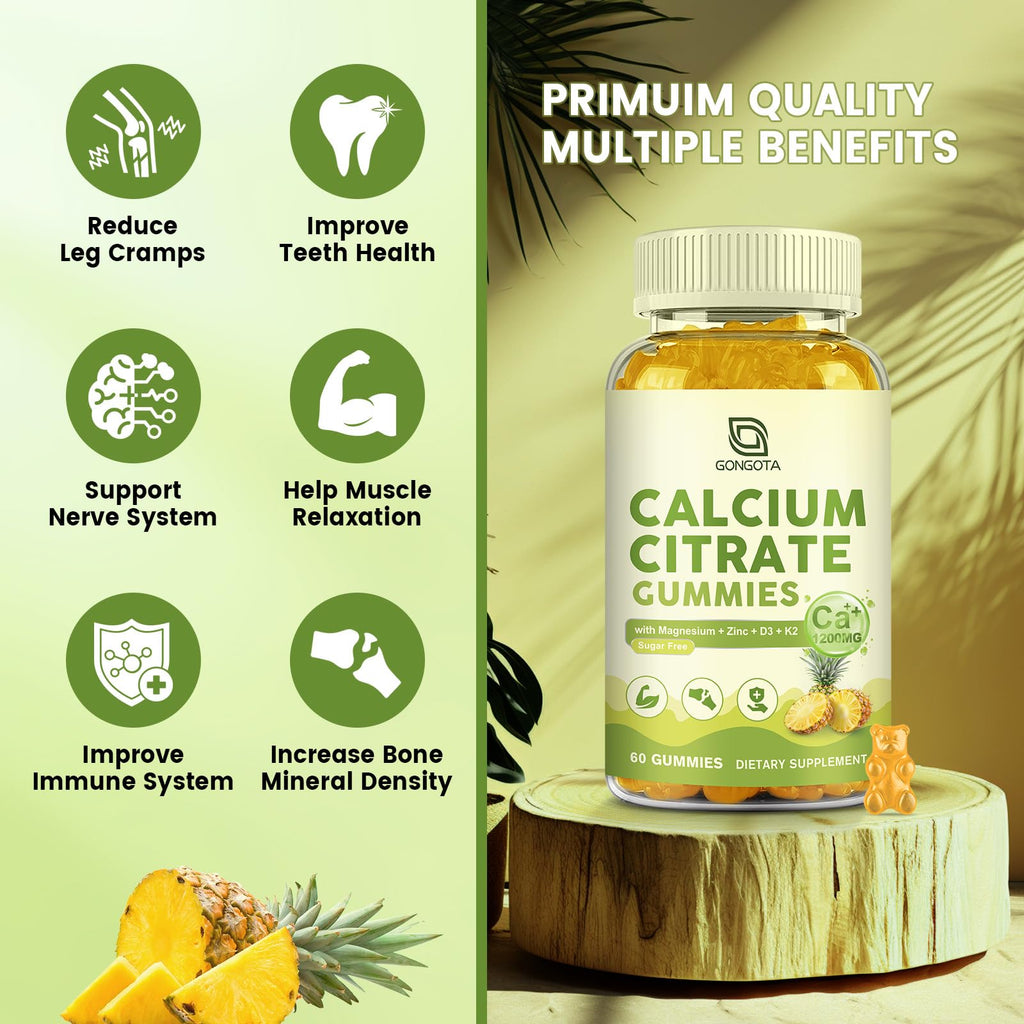 Calcium Citrate 1200mg with Vitamin D3, Calcium Gummies for Women, Calcium Supplements for Bone, Muscle, Immune Support, Sugar Free, Pineapple Flavor - 60 Gummies
