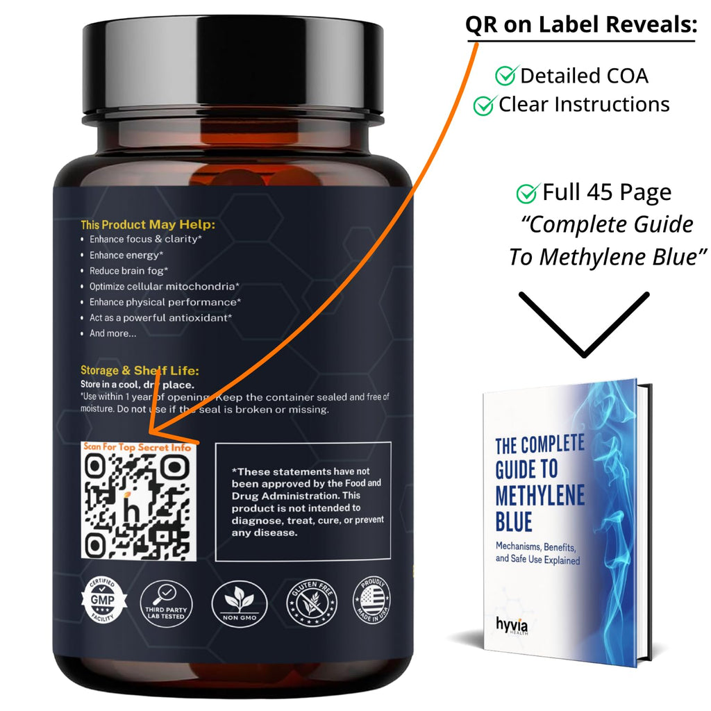 Methylene Blue Capsules - USP Pharmaceutical Grade Supplement For Humans - 120ct w/ Added Vitamin C For Enhanced Absorption - Helps Support Cognitive Energy, Brain Fog, & Mental Clarity | Made In USA