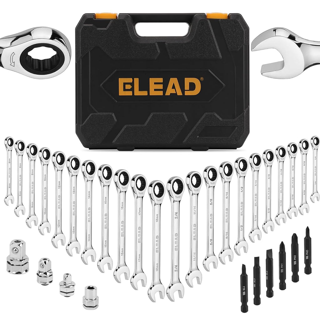 ELEAD 33-Piece Combination Ratchet Wrench Set | SAE & Metric Sizes (1/4" to 3/4" & 6-18mm) | 72-Tooth Gear Design | CR-V Steel | Organizer Carry Case | Ideal for Mechanics & DIY