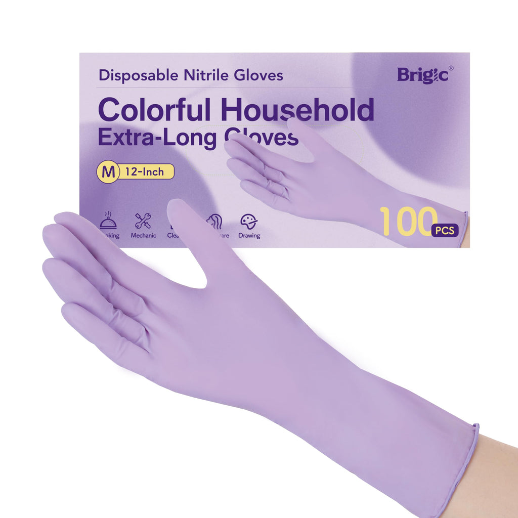 Brigic 12-Inch Extended Disposable Nitrile Gloves | Latex-Free & Powder-Free | Full Palm Textured Grip | Multipurpose for Home, Kitchen, Beauty & Garden Orchid Purple, Medium (Pack of 100)