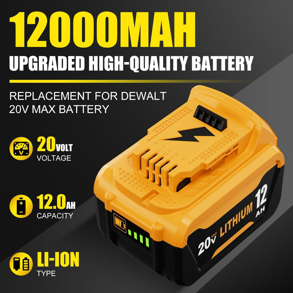 Goldspill 2 Packs 12000mAh High Capacity DCB206 Replacement for Dewalt 20V Max Battery Compatible with Dewalt 20V Battery Lithium Ion DCB200 DCB201 DCB203 DCB207 DCD/DCF/DCG Series Power Tools