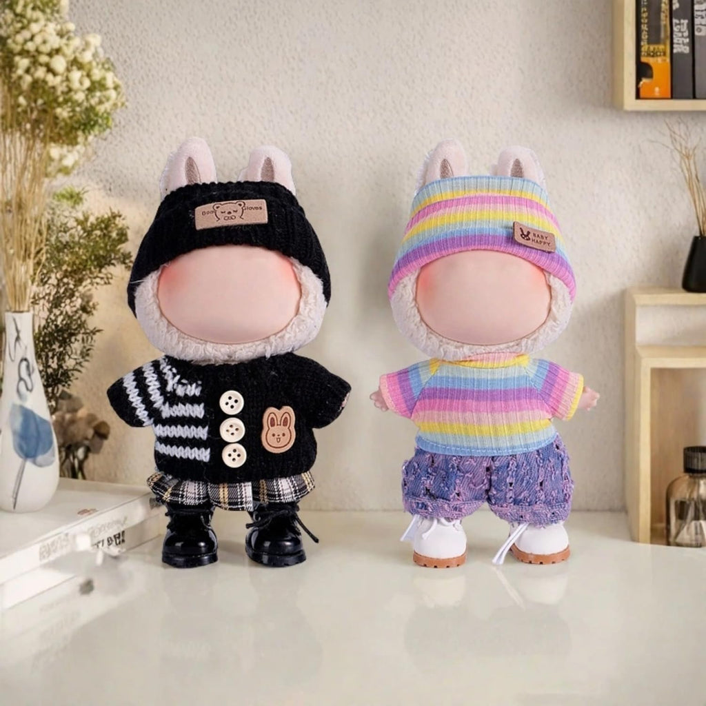 4pcs Handcrafted 15cm/17cm Doll Clothes Set for Labubu (No Doll), Cute and Premium Outfits Accessories, Hand Crocheted Hat, Sweaters, Skirt, Bag (Rainbow) AK052