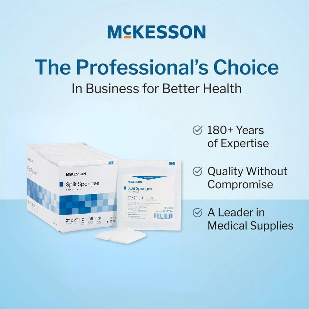 McKesson IV Gauze Pads 2x2 Inch Sterile Split Sponges (1400 Sponges, 20 Box Bulk) – Low-Lint Dressing for IV Sites, Injection Ports & Small Catheters - 2 per Pack