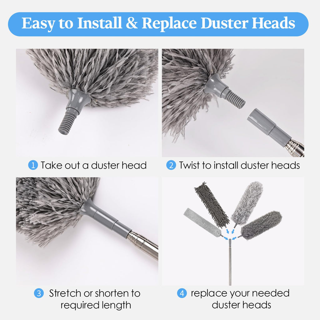 Microfiber Feather Duster Kit with Extension Pole, 7 PCS Washable Reusable Duster for Cleaning, 100'' Bendable Extendable Long Duster with Stainless Steel Pole for High Ceilings, Fans, Furniture & Car