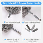 Microfiber Feather Duster Kit with Extension Pole, 7 PCS Washable Reusable Duster for Cleaning, 100'' Bendable Extendable Long Duster with Stainless Steel Pole for High Ceilings, Fans, Furniture & Car